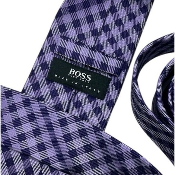 HUGO BOSS Men's 100% Silk Necktie LUXURY Tie Purple Tartan W:3" EUC - Picture 2 of 4